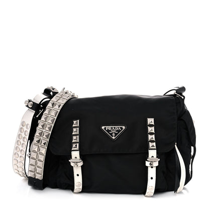 Prada Nylon New Vela Studded Messenger Black White 1 of 8