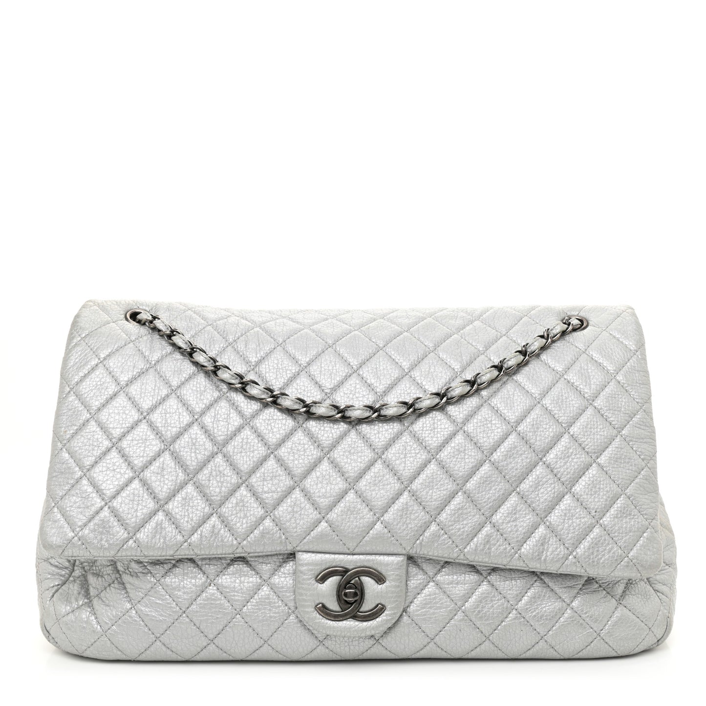 Metallic Calfskin Quilted XXL Travel Flap Bag Silver