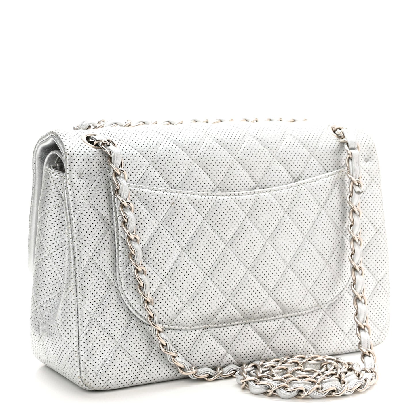 Metallic Perforated Lambskin Quilted Jumbo Double Flap Light Silver