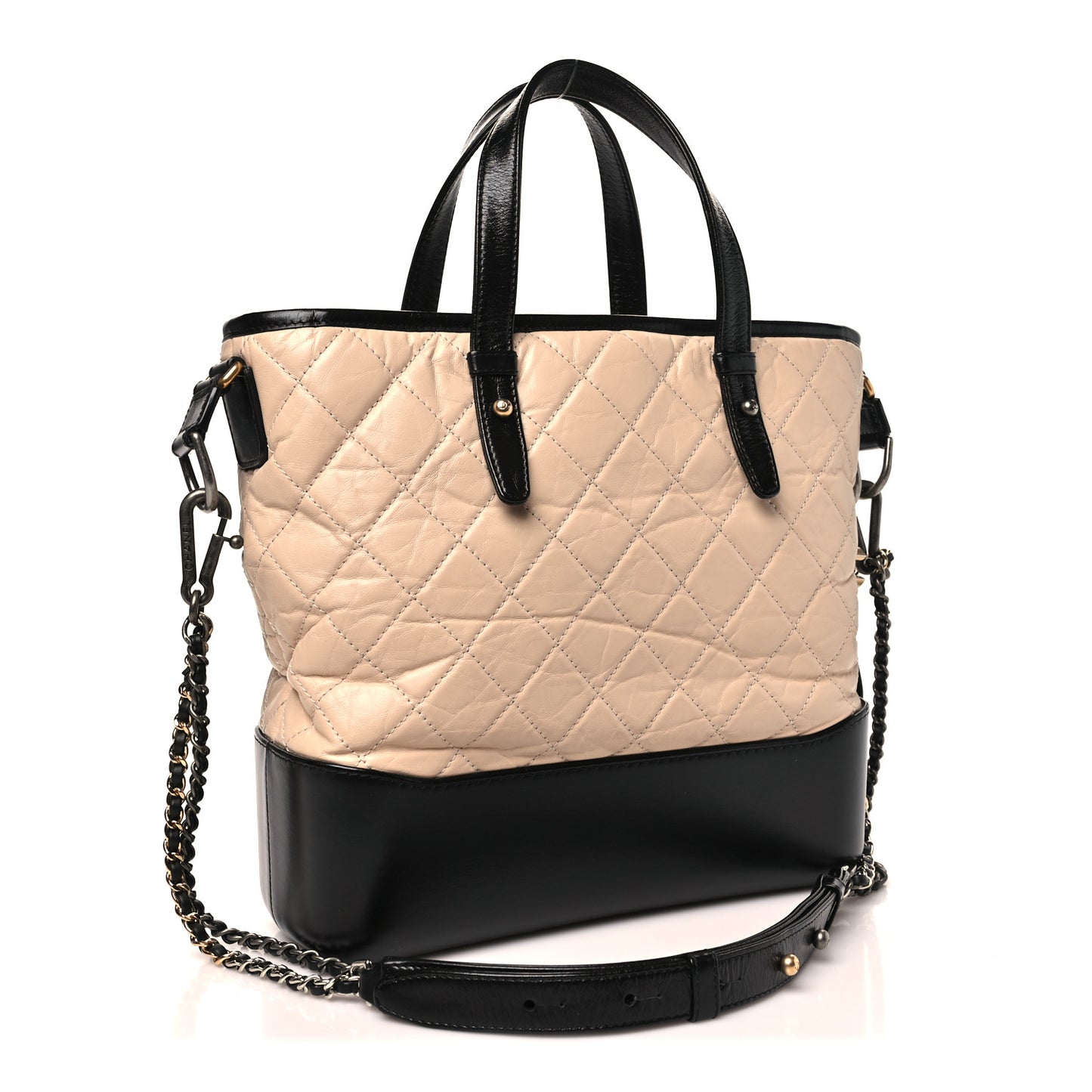 Aged Calfskin Quilted Medium Gabrielle Shopping Tote Beige Black