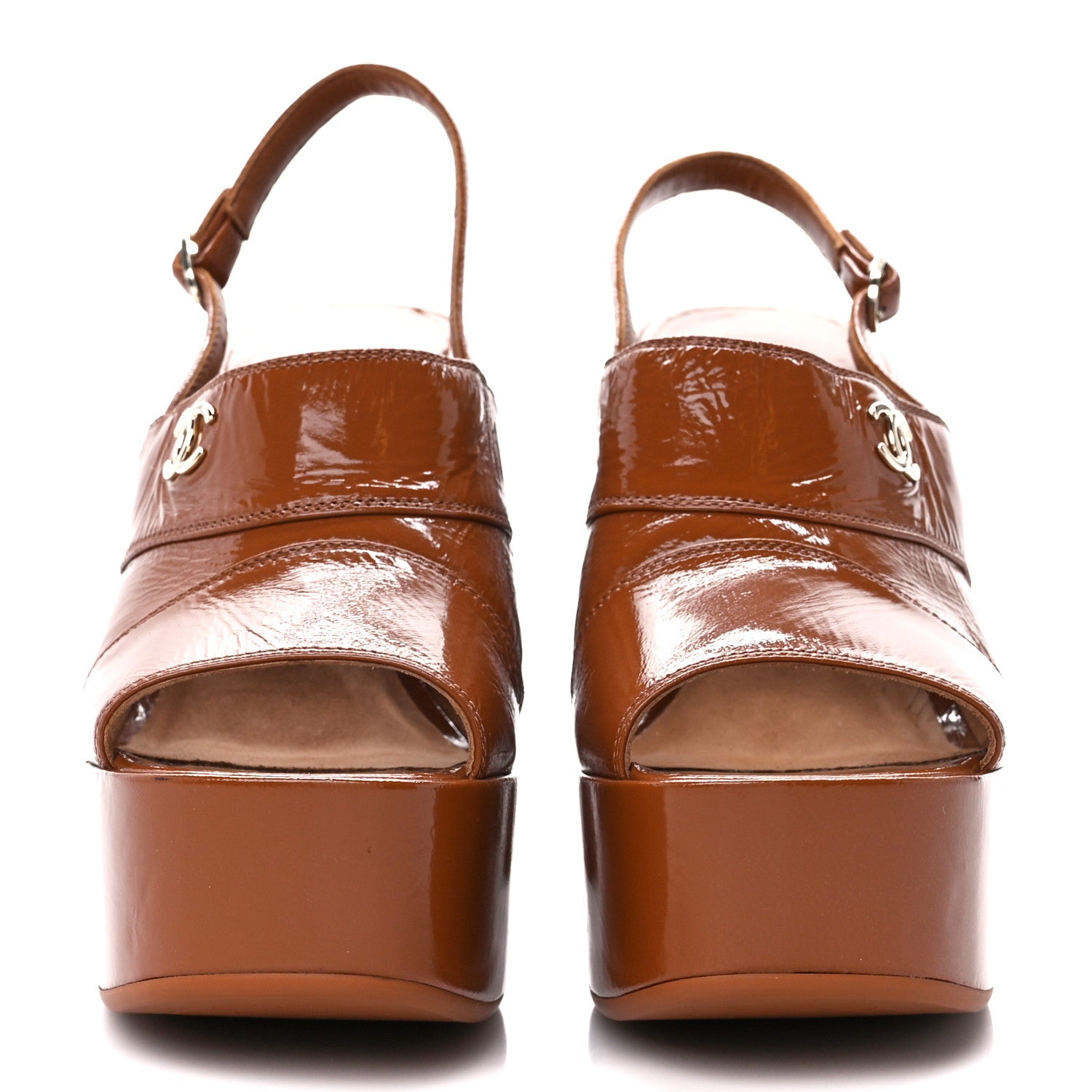 Chanel Crumpled Patent Lambskin Platform Sandals 39.5 Light Brown 2 of 10