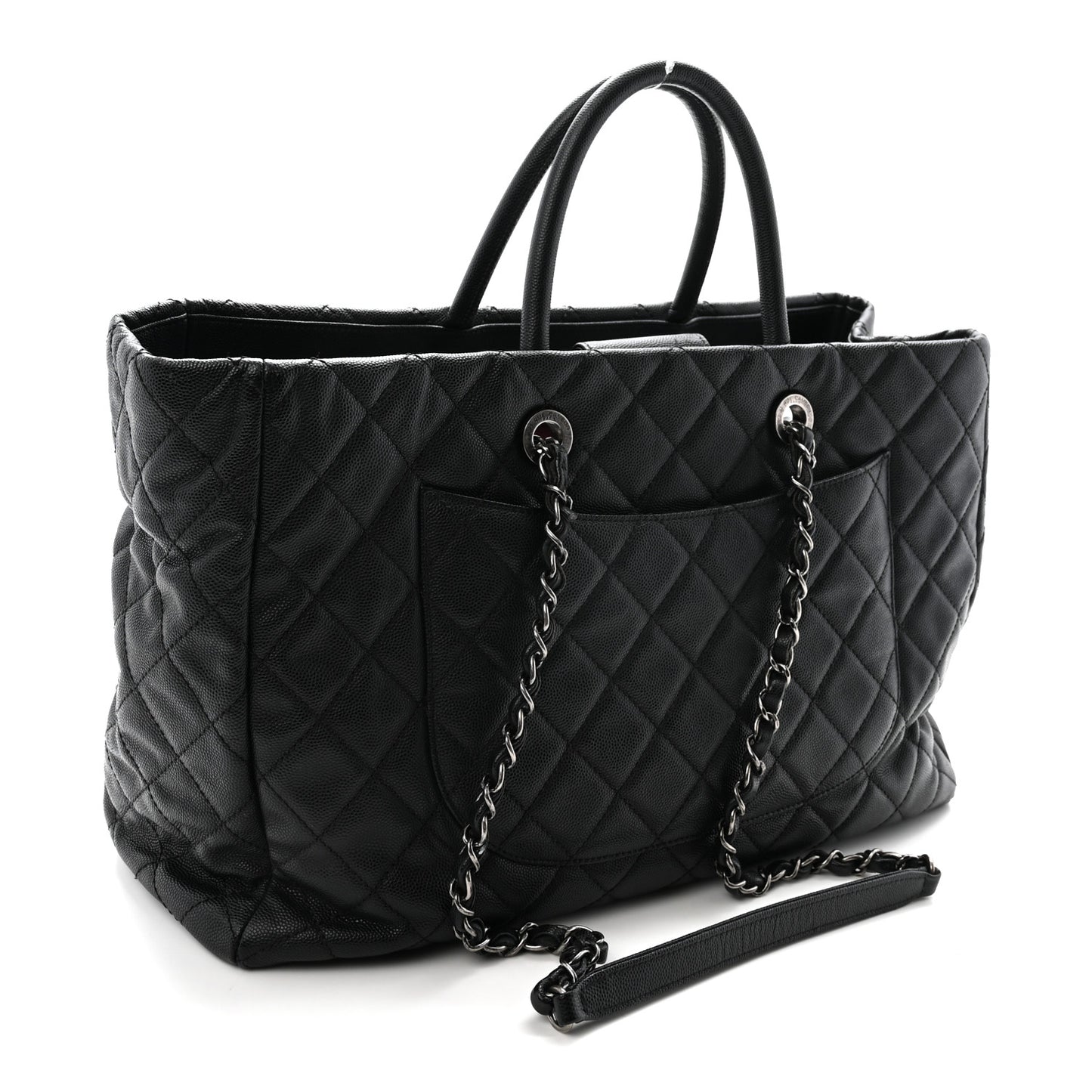 Caviar Quilted Large Coco Handle Shopping Tote Black
