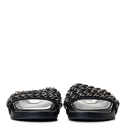 Chanel Satin Canvas Chain Slides Sandals Flats 36 Marine 2 of 9
