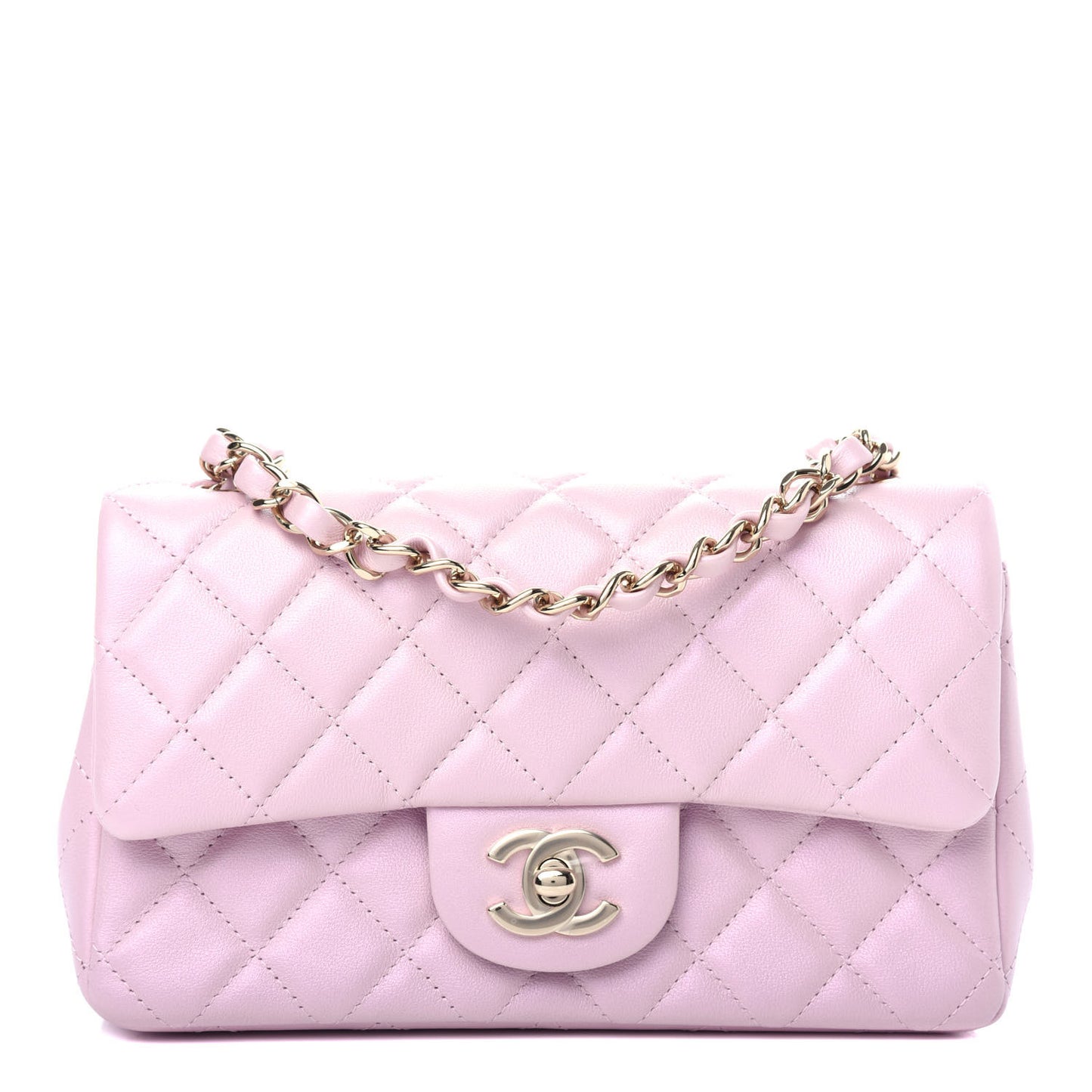 Iridescent Calfskin Quilted Mini Rectangular Flap Light Pink
