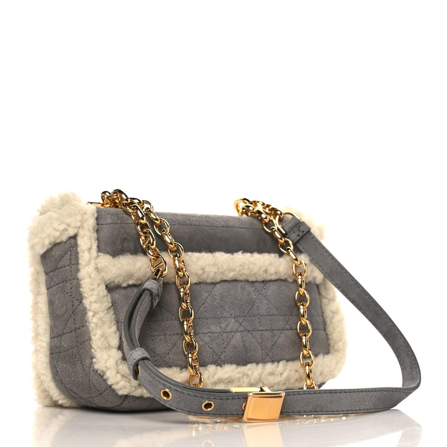 Christian Dior Shearling Sheepskin Wool Cannage Small Caro Bag Gray 3 of 8