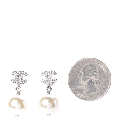 Chanel Crystal Pearl CC Drop Earrings Silver Pearly White 2 of 5