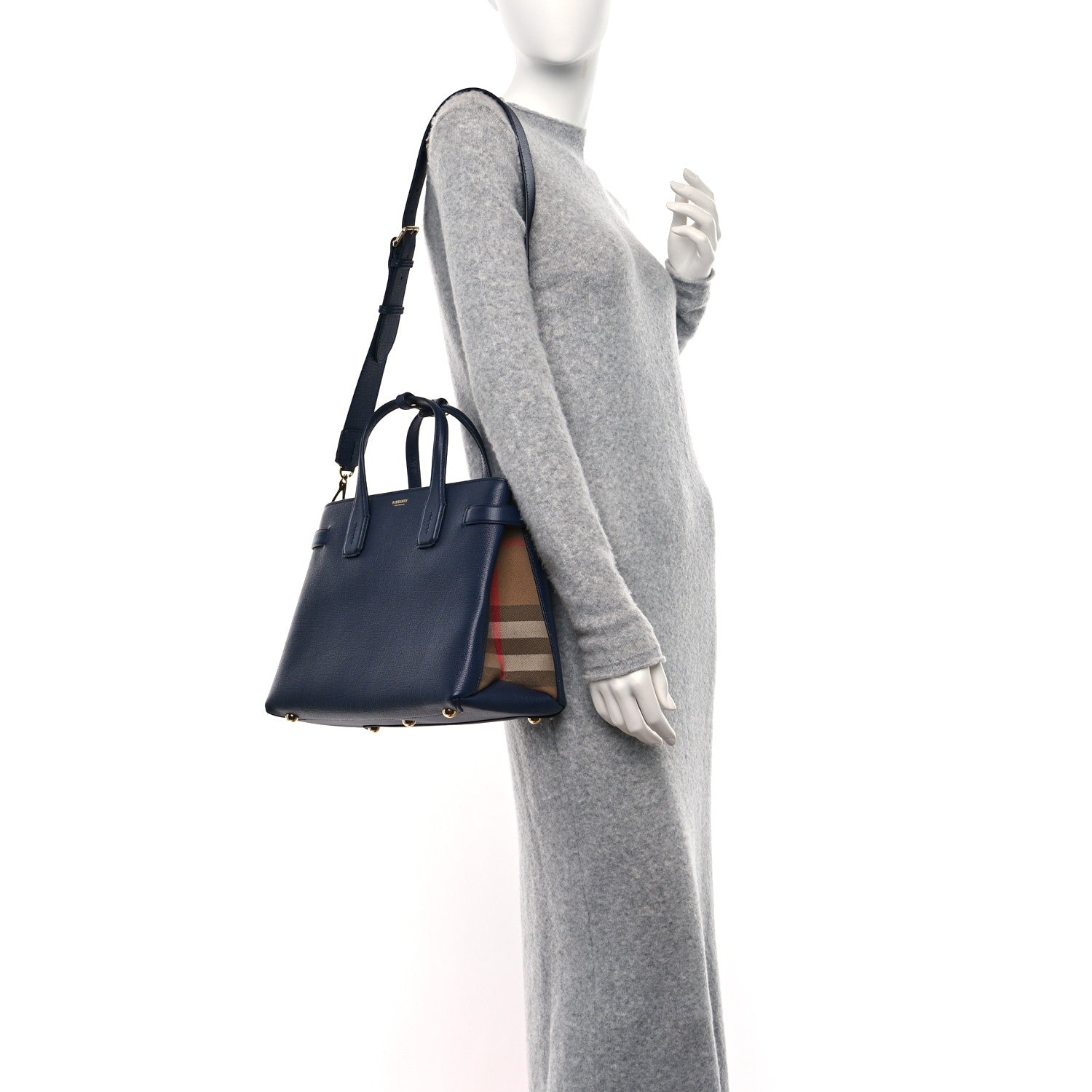 Burberry Derby Calfskin Vintage Check Medium Banner Tote Regency Blue 2 of 8