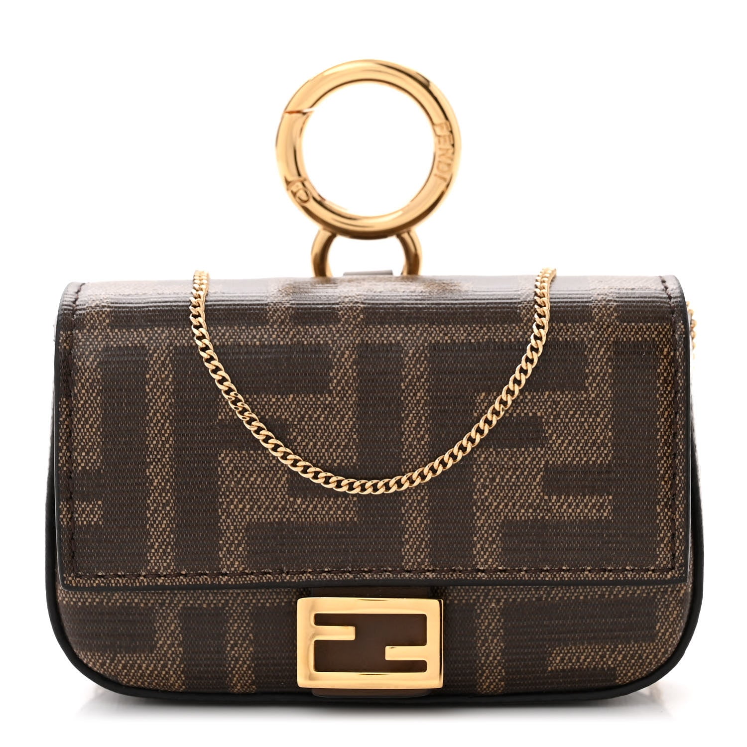 Fendi Glazed Fabric FF 1974 Nano Baguette Charm Mogano Panna 1 of 11