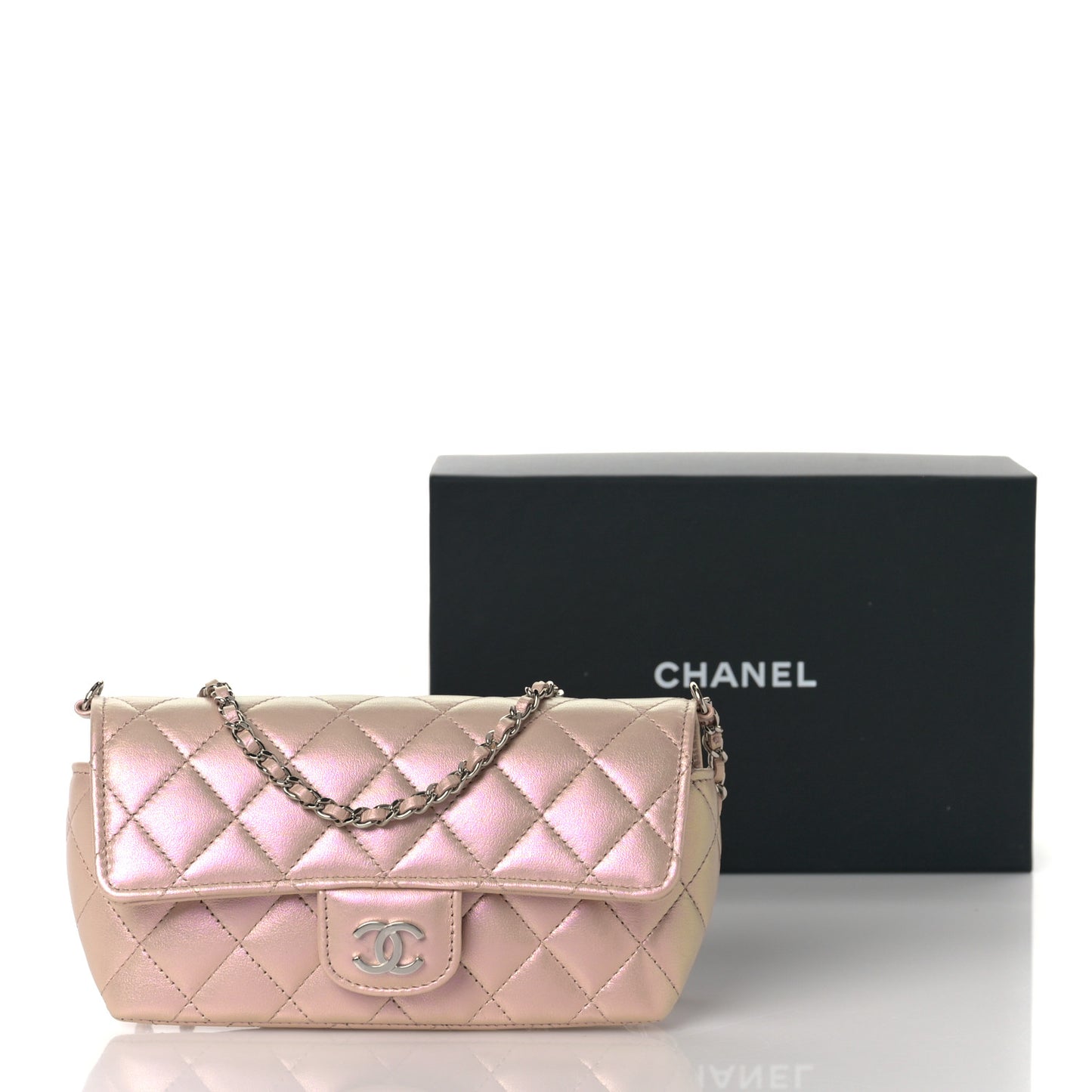 Iridescent Calfskin Quilted Glasses Case With Chain Pink