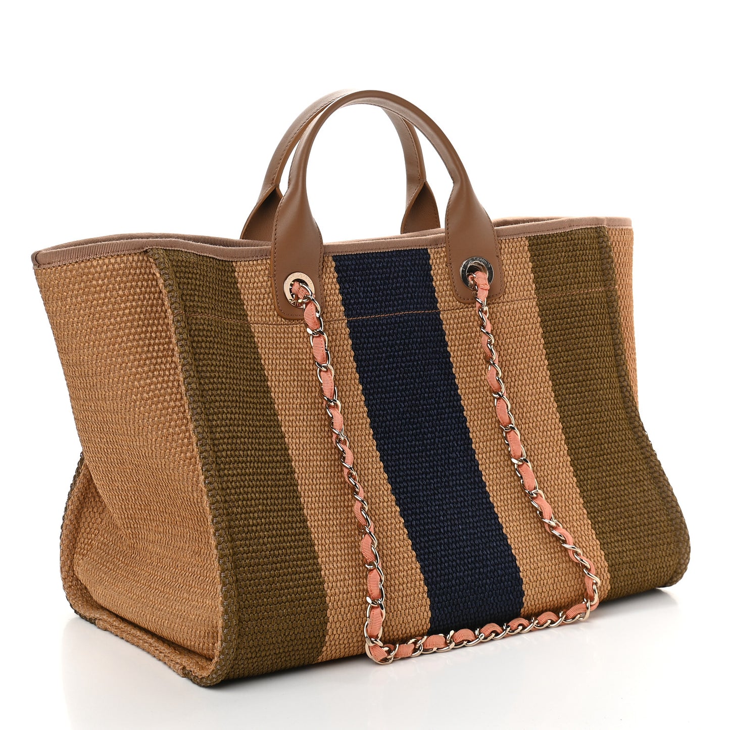 Straw Raffia Calfskin Striped Medium Deauville Tote Khaki Beige Navy Blue