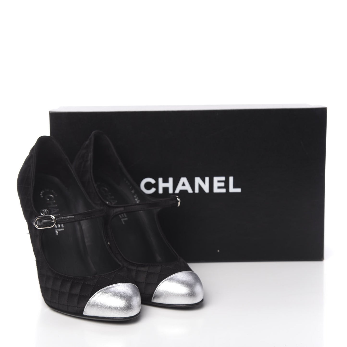 Satin Quilted Metallic Calfskin Cap Toe Mary Jane Pumps 38.5 Black