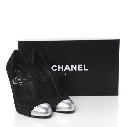 Chanel Satin Quilted Metallic Calfskin Cap Toe Mary Jane Pumps 38.5 Black 13 of 13