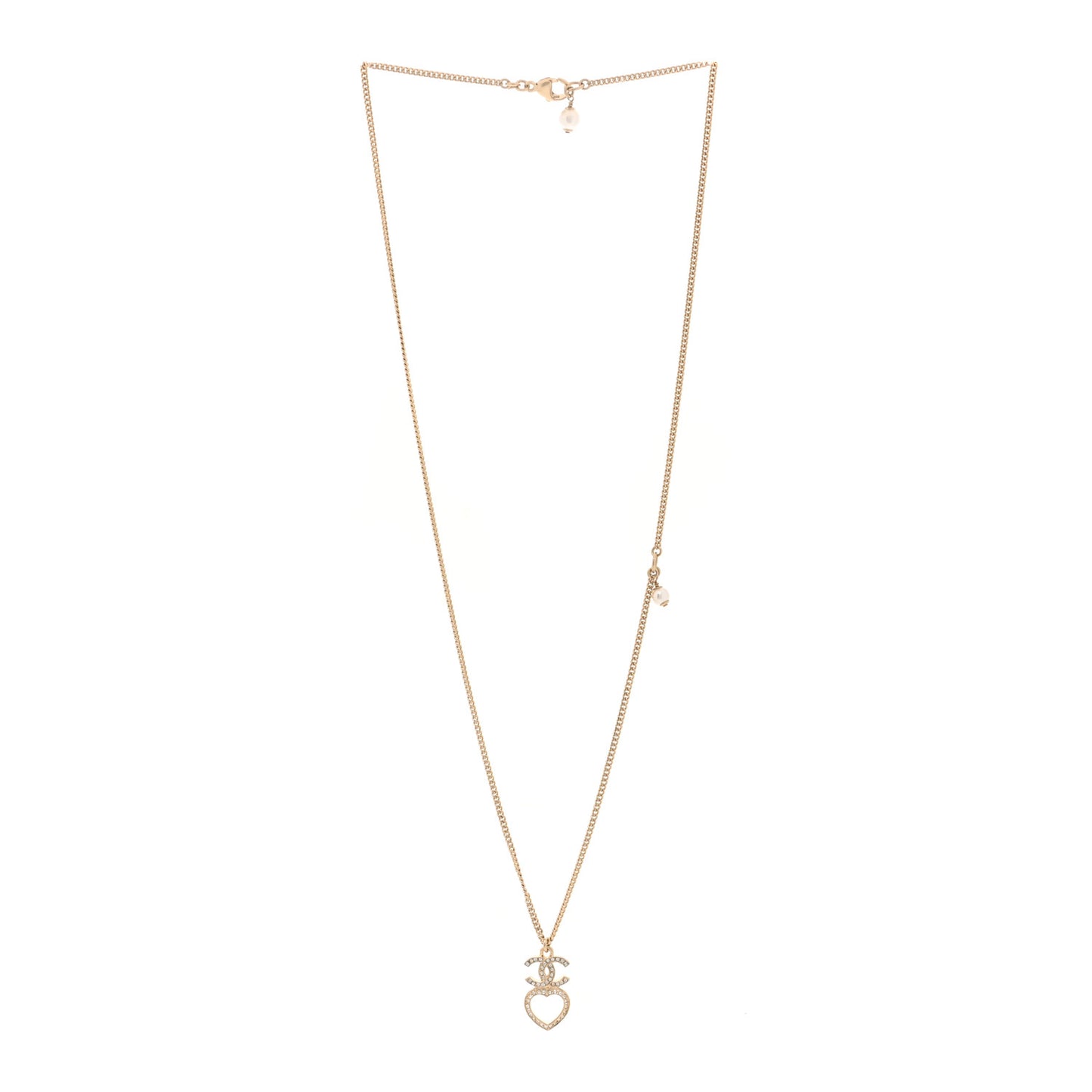 Crystal Pearl CC Heart Drop Chain Necklace Gold