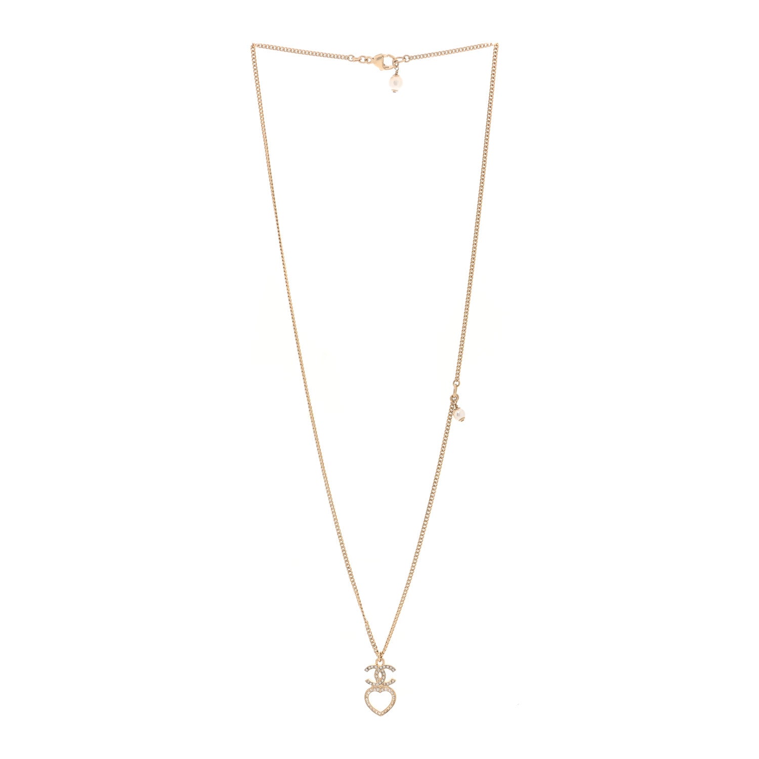 Chanel Crystal Pearl CC Heart Drop Chain Necklace Gold 3 of 5