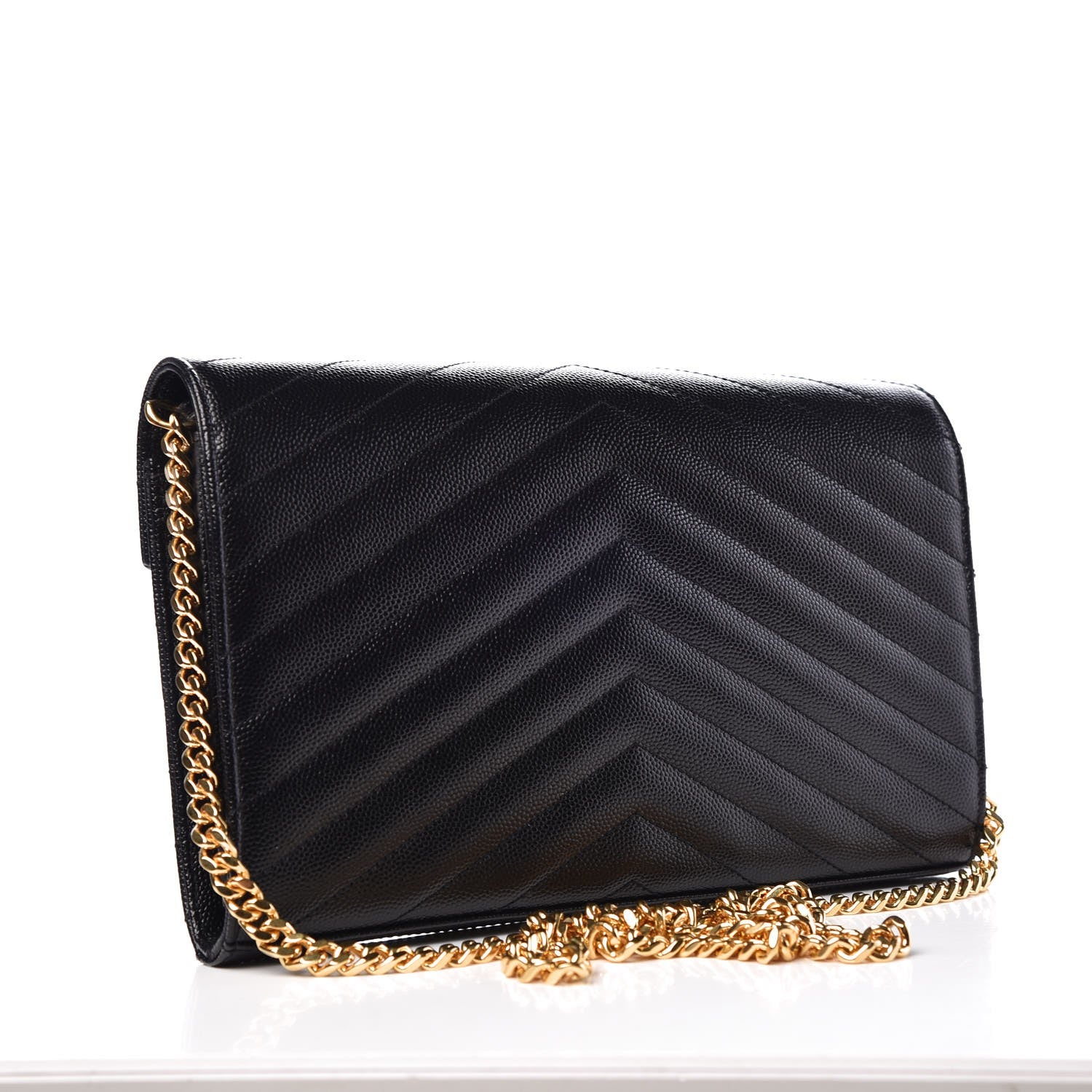 Saint Laurent Grain De Poudre Matelasse Chevron Monogram Chain Wallet Black 3 of 8