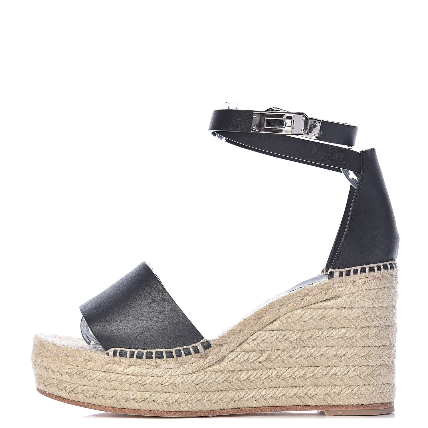 Hermes Calfskin Tivoli Espadrille Wedge Sandals 38 Black 1 of 11