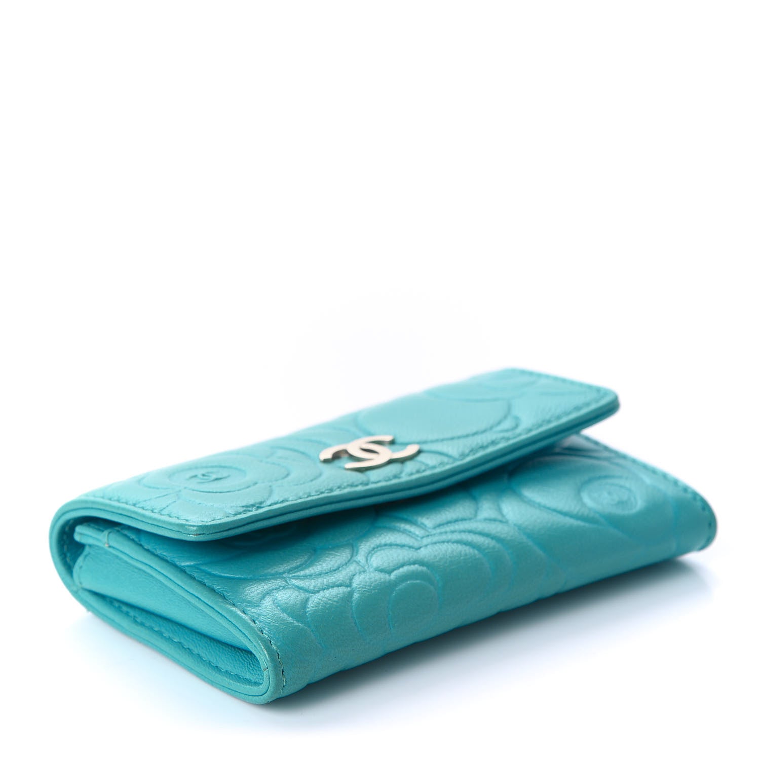Chanel Goatskin Camellia Embossed Card Holder Turquoise 3 of 11