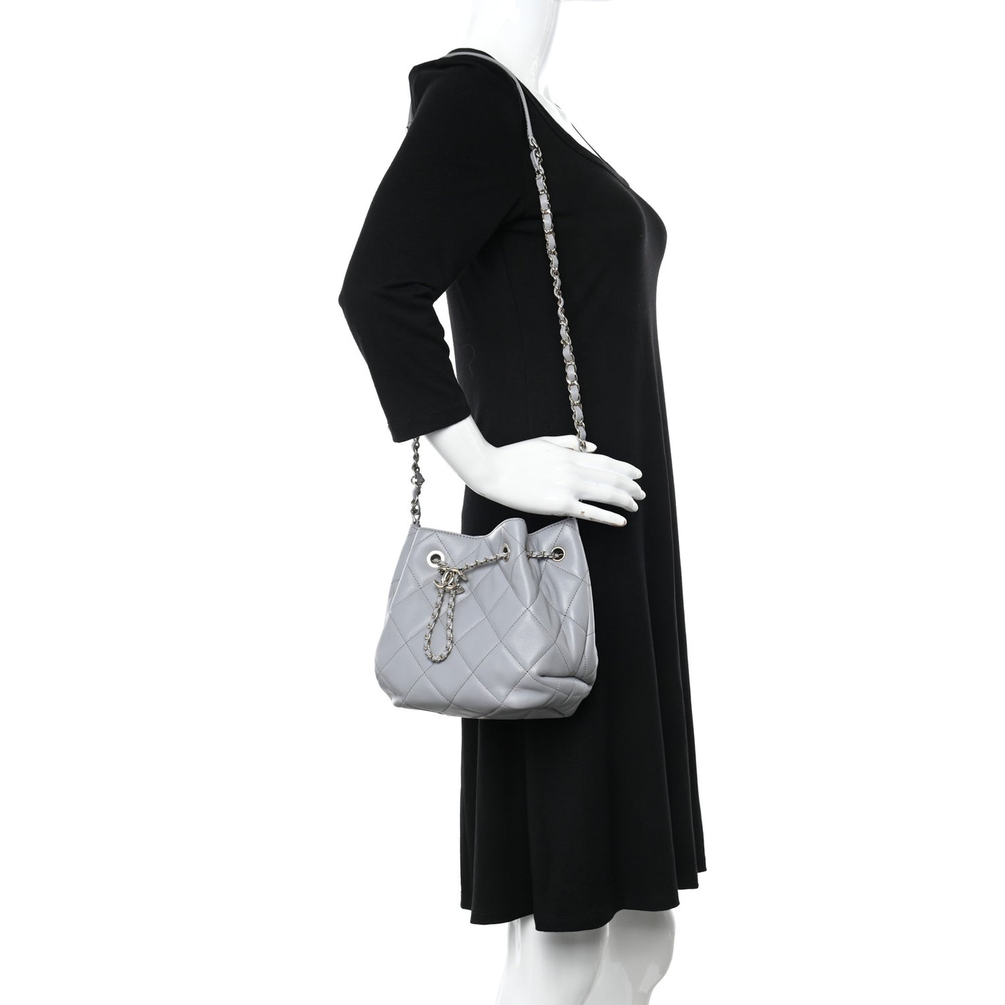 Lambskin Quilted CC Dweller Drawstring Bucket Bag Light Grey