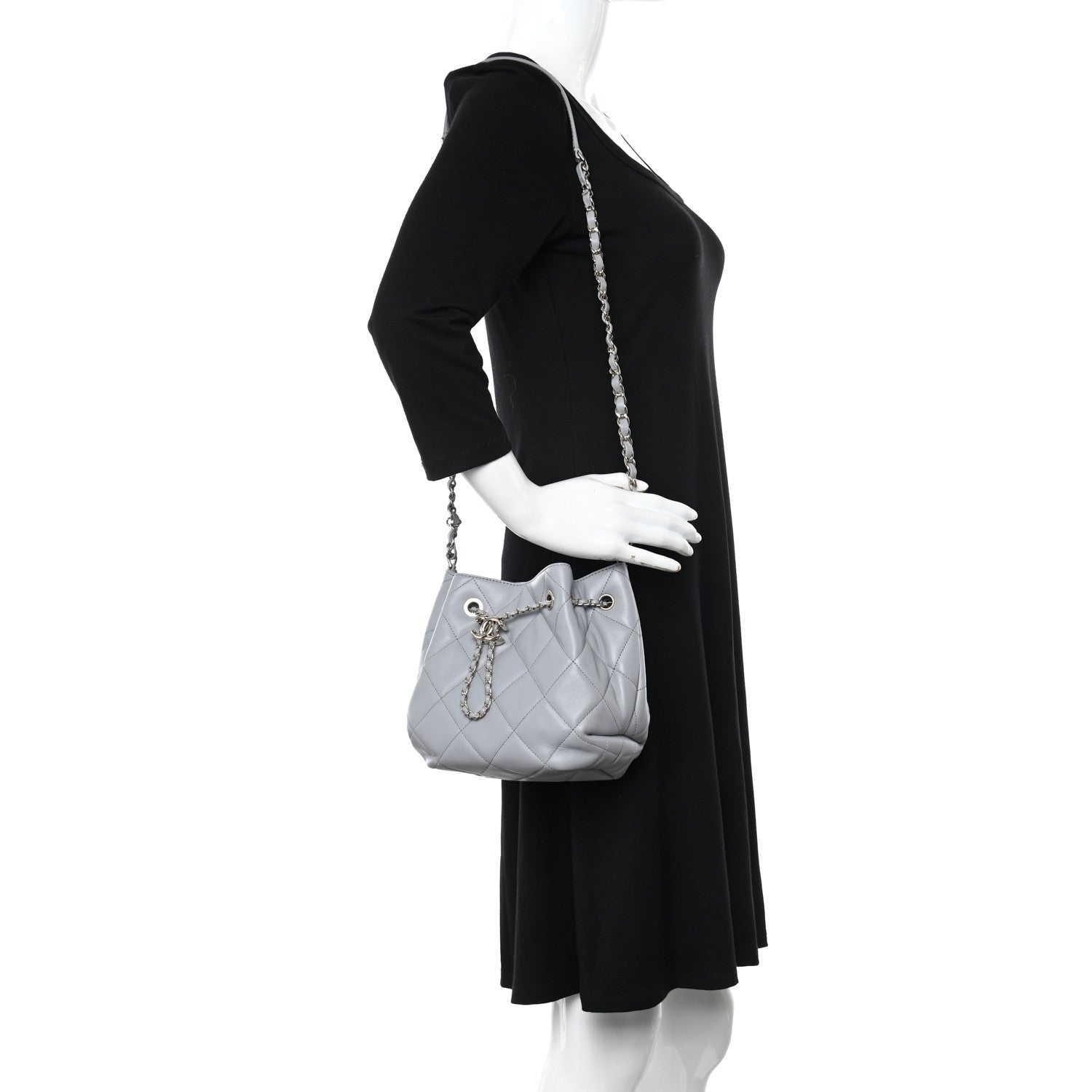 Chanel Lambskin Quilted CC Dweller Drawstring Bucket Bag Light Grey 3 of 10