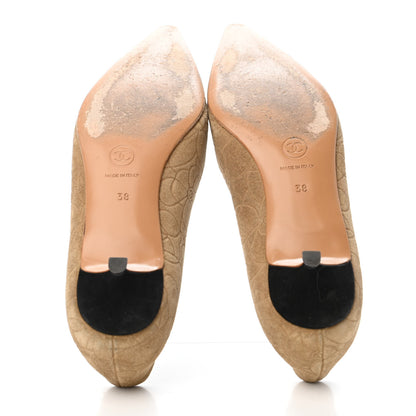 Chanel Suede Camellia Embossed Cap Toe Low Heel Pumps 38 Beige Black 4 of 4