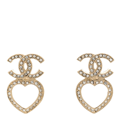Chanel Metal Crystal CC Heart Drop Earrings Gold 1 of 5