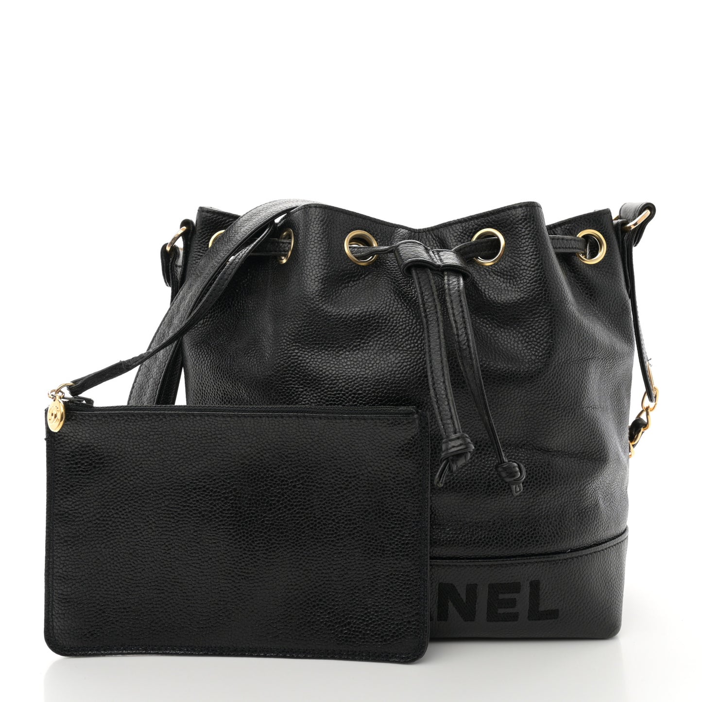 Caviar Logo Drawstring Bucket Bag Black
