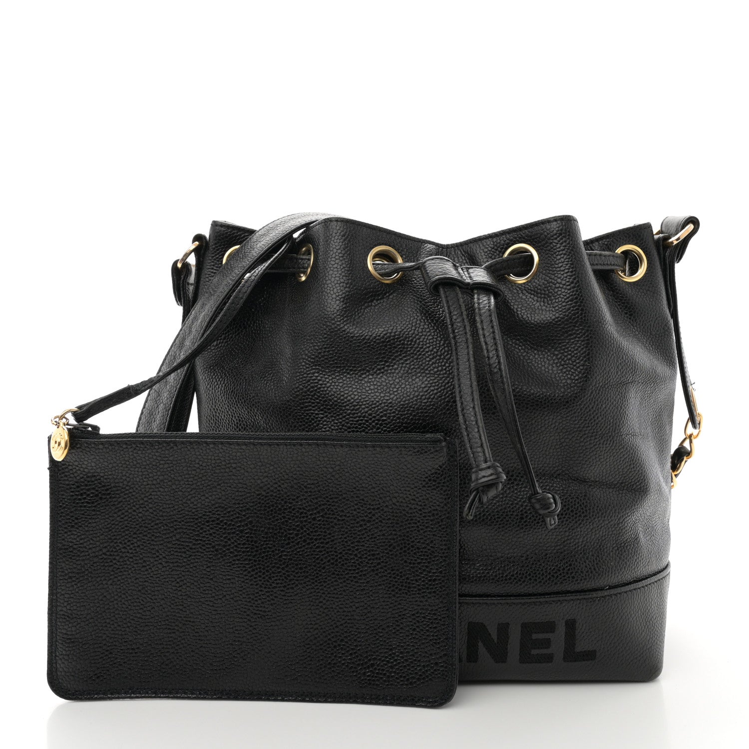 Chanel Caviar Logo Drawstring Bucket Bag Black 3 of 11