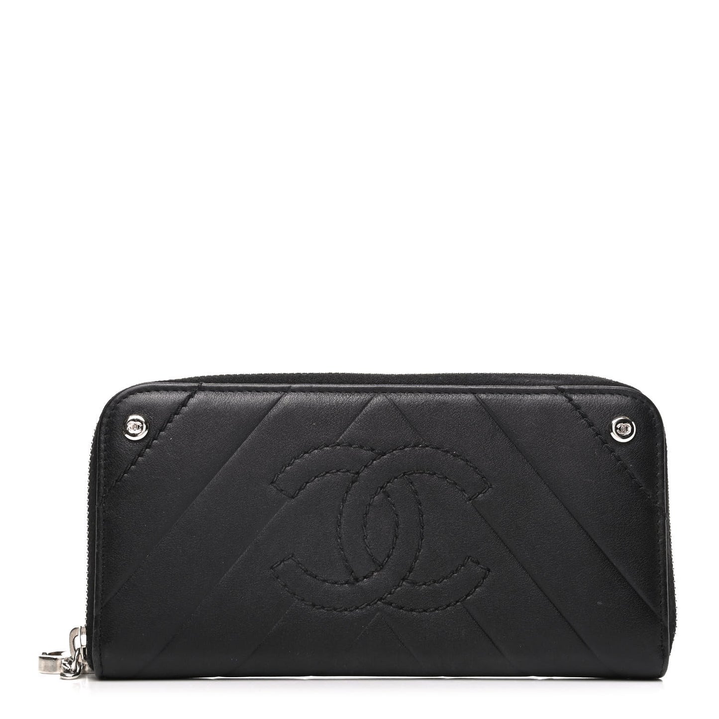 Lambskin Chevron Quilted CC Zip Around Wallet Black