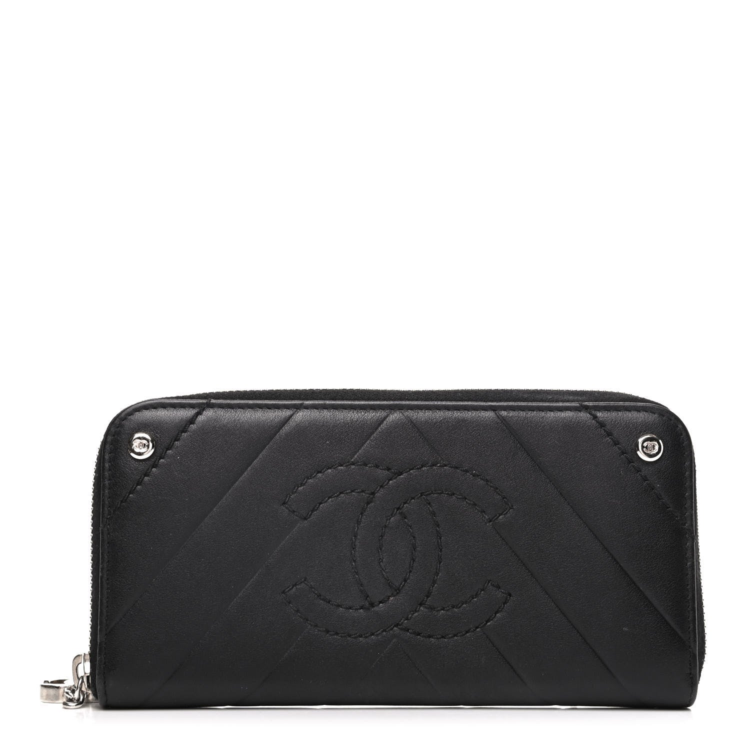 Chanel Lambskin Chevron Quilted CC Zip Around Wallet Black 1 of 8