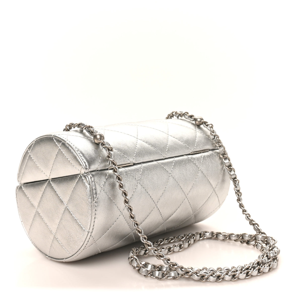 Metallic Lambskin Quilted Barrel Crossbody Bag Silver