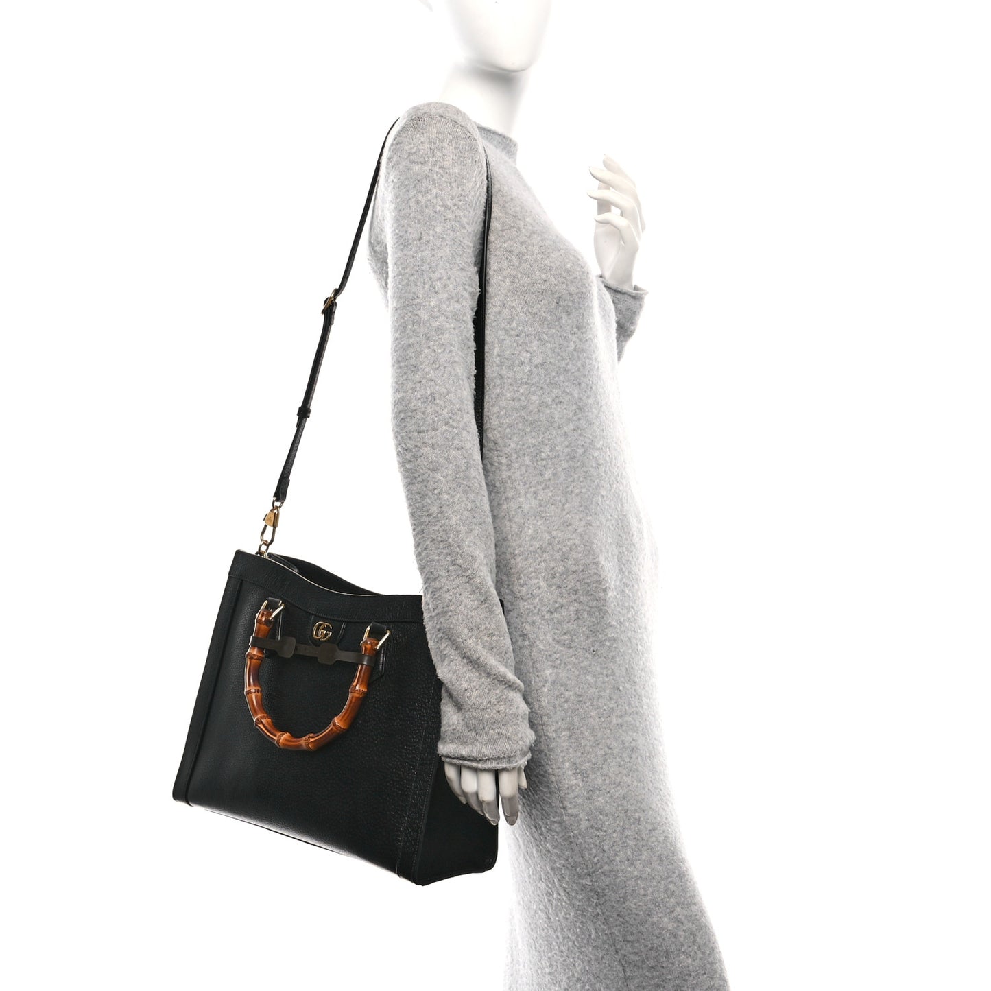 Textured Dollar Calfskin Web Medium Diana Tote Bag Black Dusty Grey