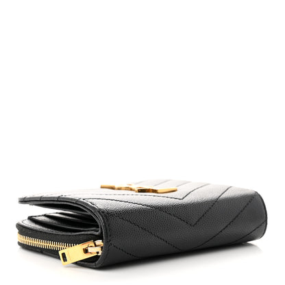 Saint Laurent Grain De Poudre Matelasse Chevron Monogram Compact Zip Around Wallet Black 4 of 8