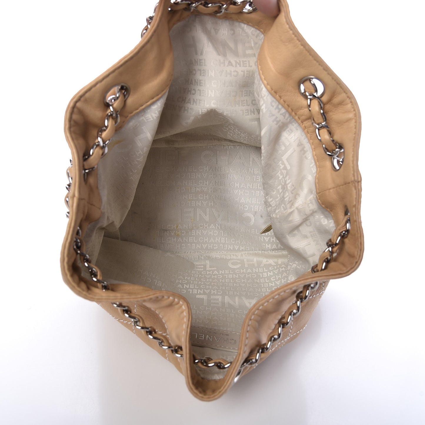 Lambskin Contrast Stitch Small Drawstring Tote Light Beige