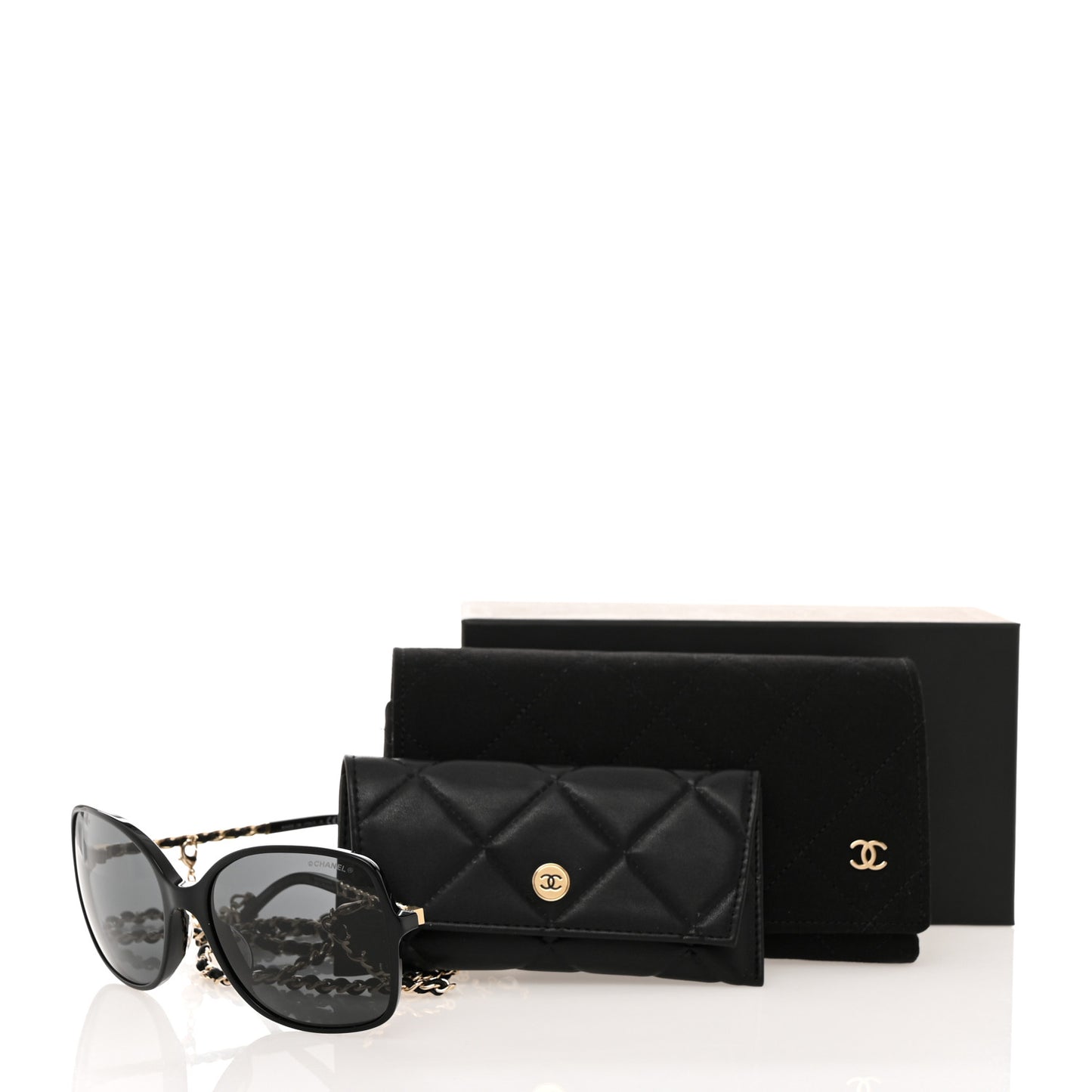 Acetate Metal Lambskin Square Chain Sunglasses 5210-Q-A Black Gray