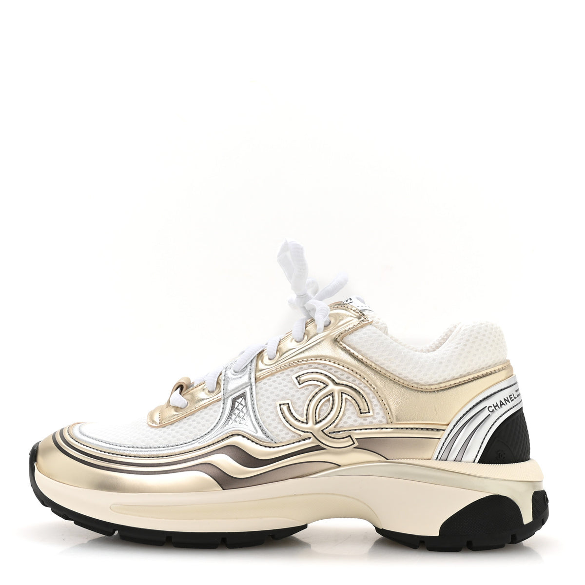 Fabric Laminated Calfskin Stretch CC Sneakers 38 White Gold Silver