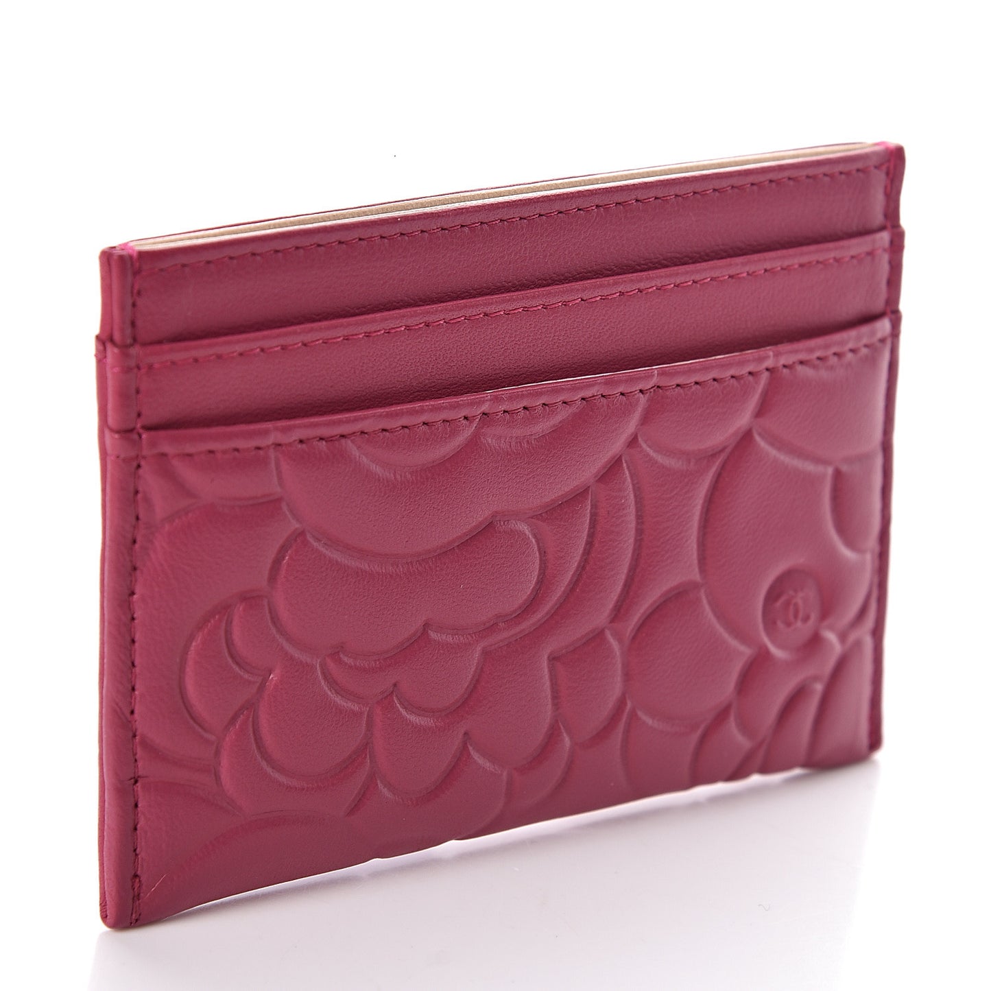 Lambskin Camellia Embossed Card Holder Fuchsia