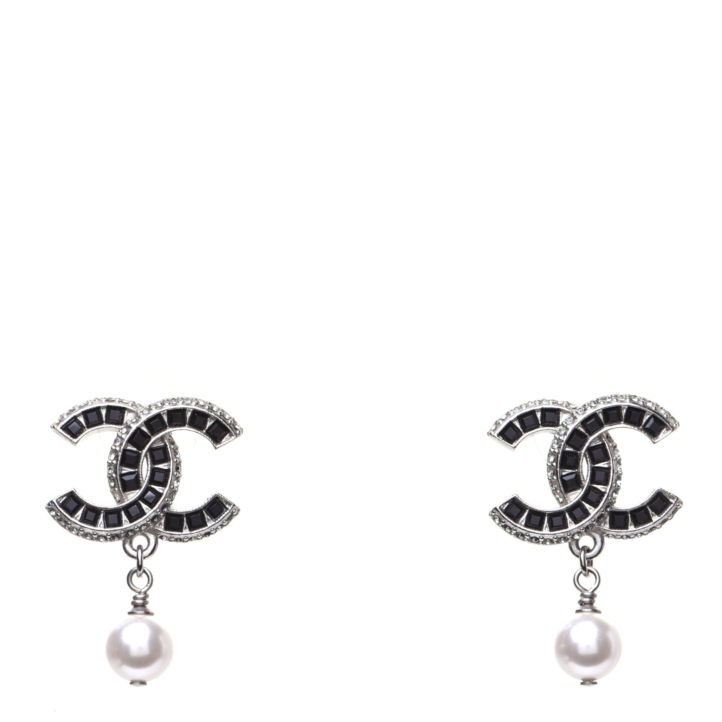 Baguette Crystal Pearl CC Drop Earrings Silver Black