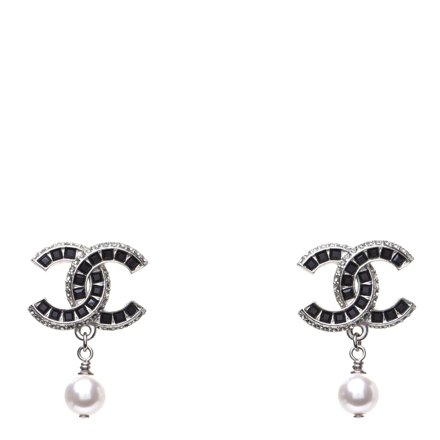 Chanel Baguette Crystal Pearl CC Drop Earrings Silver Black 1 of 8