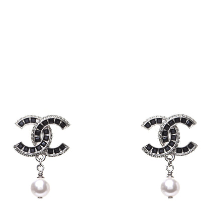 Chanel Baguette Crystal Pearl CC Drop Earrings Silver Black 1 of 8