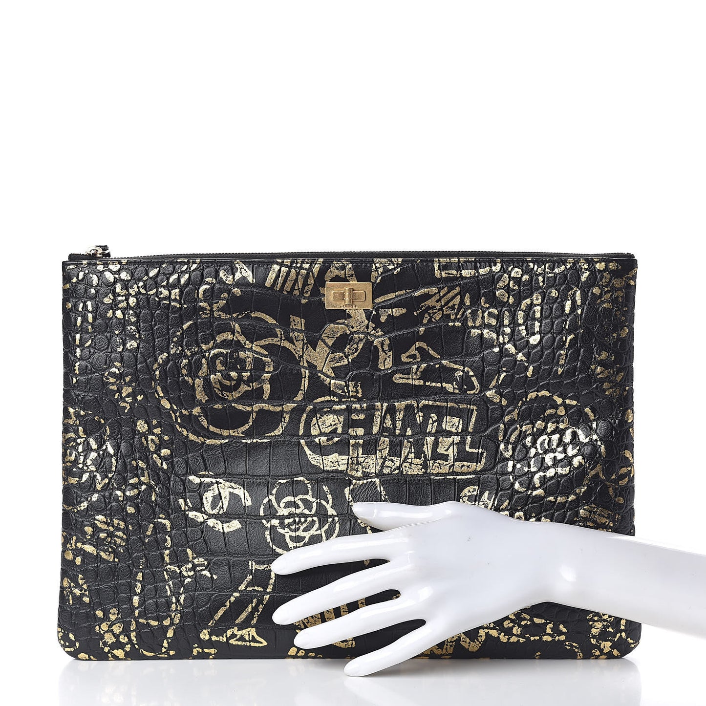 Calfskin Crocodile Embossed Graffiti 2.55 Large Cocodile Reissue Cosmetic Case Black Gold