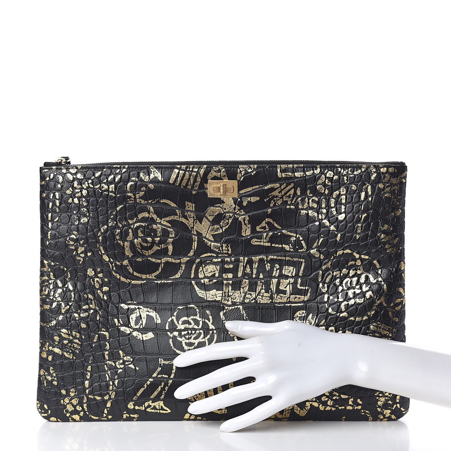 Chanel Calfskin Crocodile Embossed Graffiti 2.55 Large Cocodile Reissue Cosmetic Case Black Gold 2 of 11