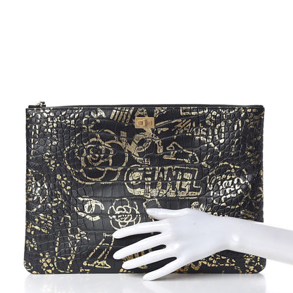 Chanel Calfskin Crocodile Embossed Graffiti 2.55 Large Cocodile Reissue Cosmetic Case Black Gold 2 of 11