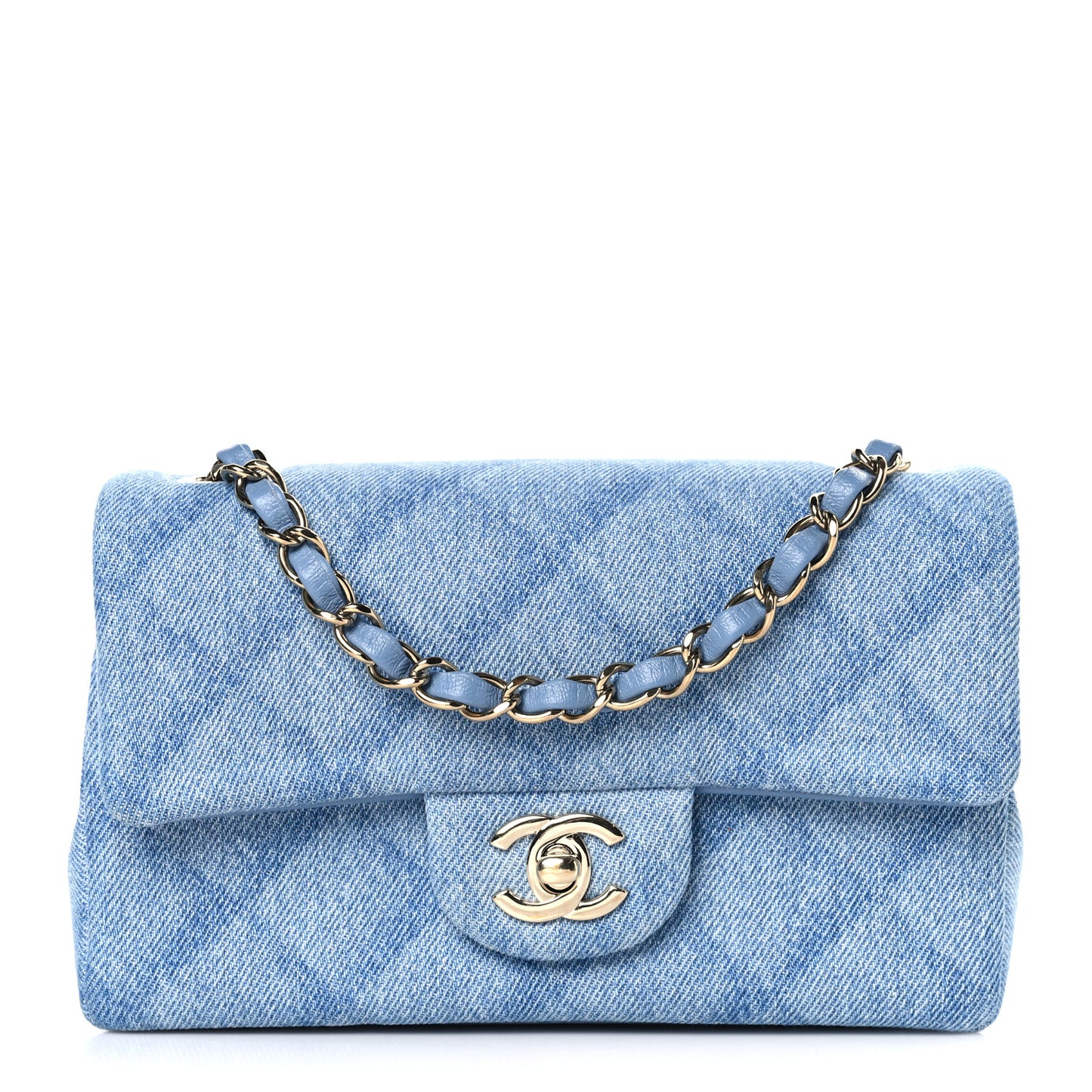 Printed Denim Quilted Mini Rectangular Flap Light Blue