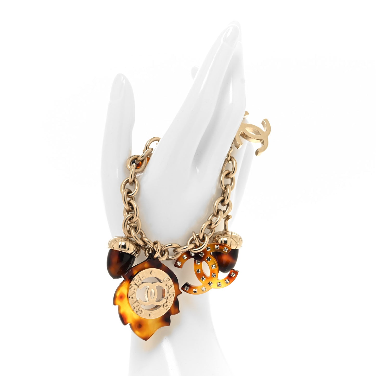 Resin Chain Logo Acorn Charm Bracelet Tortoise Gold