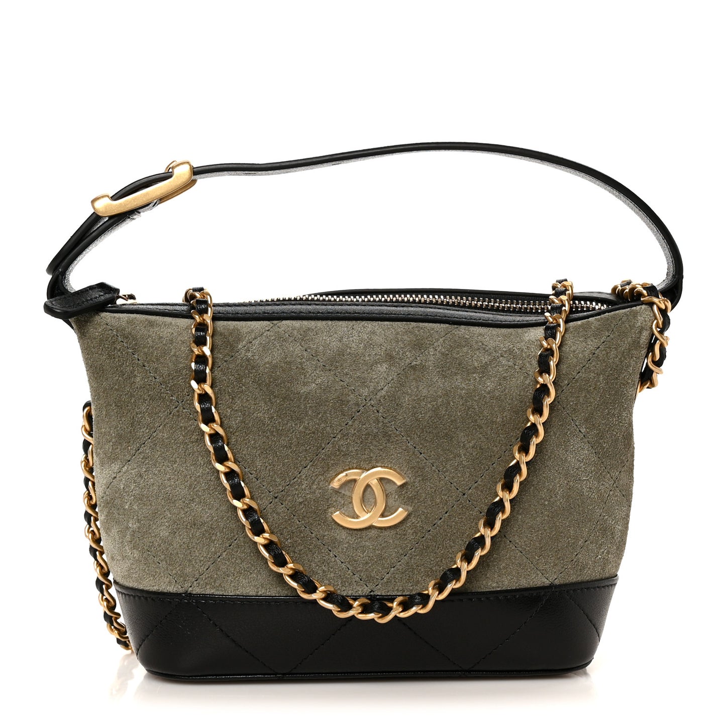 Suede Calfskin Shiny Lambskin Quilted Coco Base Hobo Clutch With Chain Khaki Black
