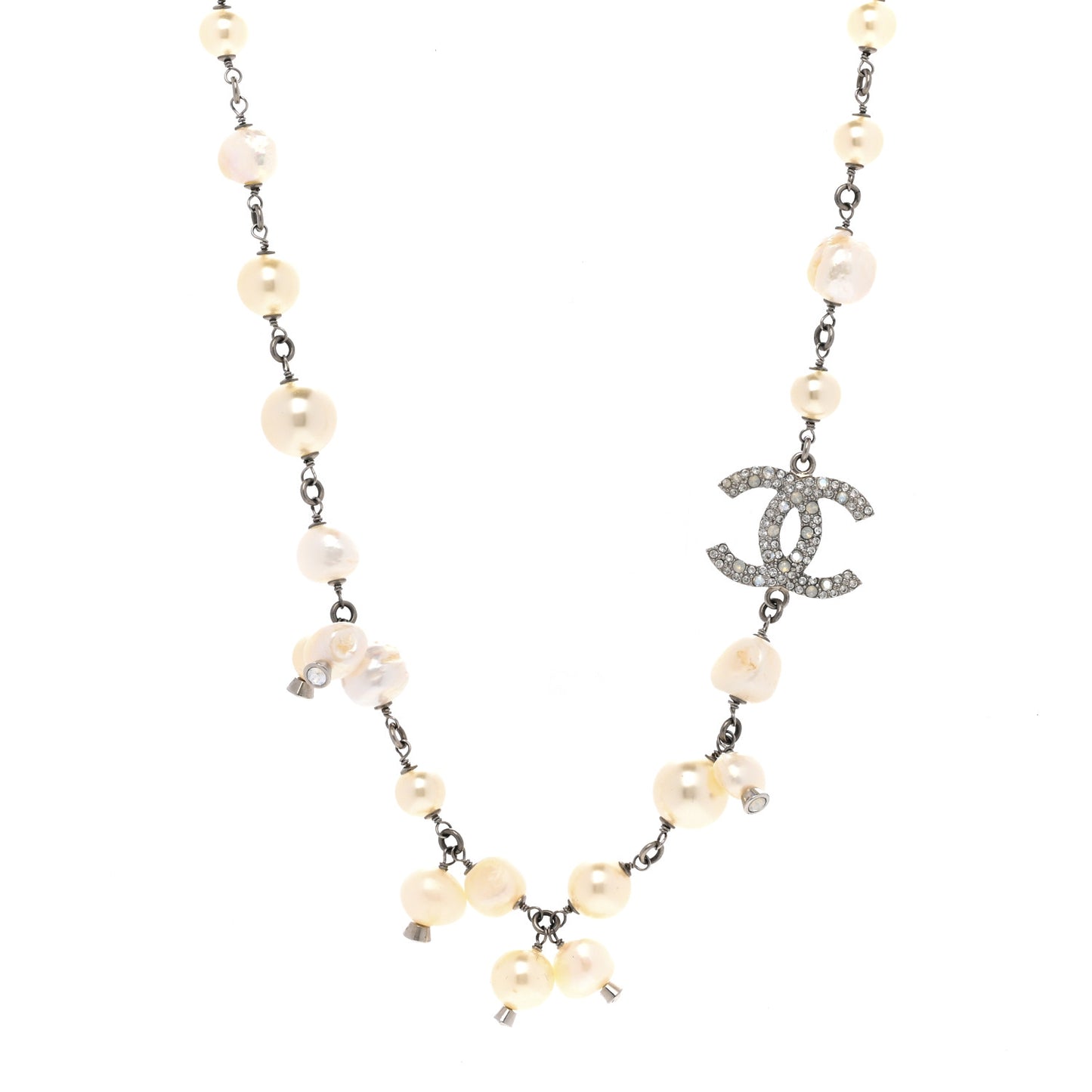 Pearl Crystal CC Necklace Silver