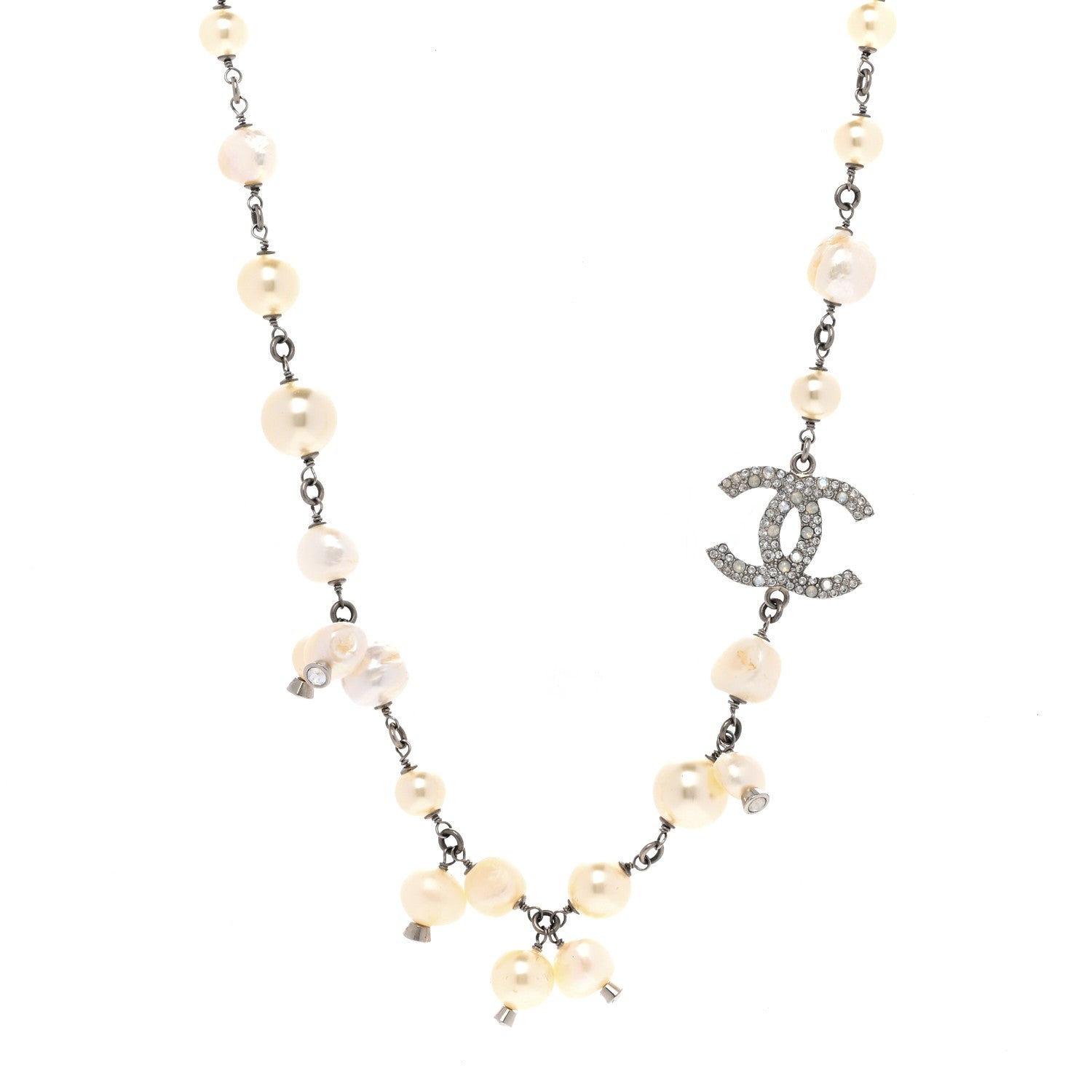 Chanel Pearl Crystal CC Necklace Silver 1 of 6