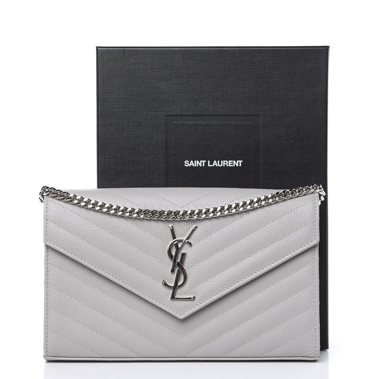 Saint Laurent Grain De Poudre Matelasse Chevron Monogram Chain Wallet Granite 9 of 10
