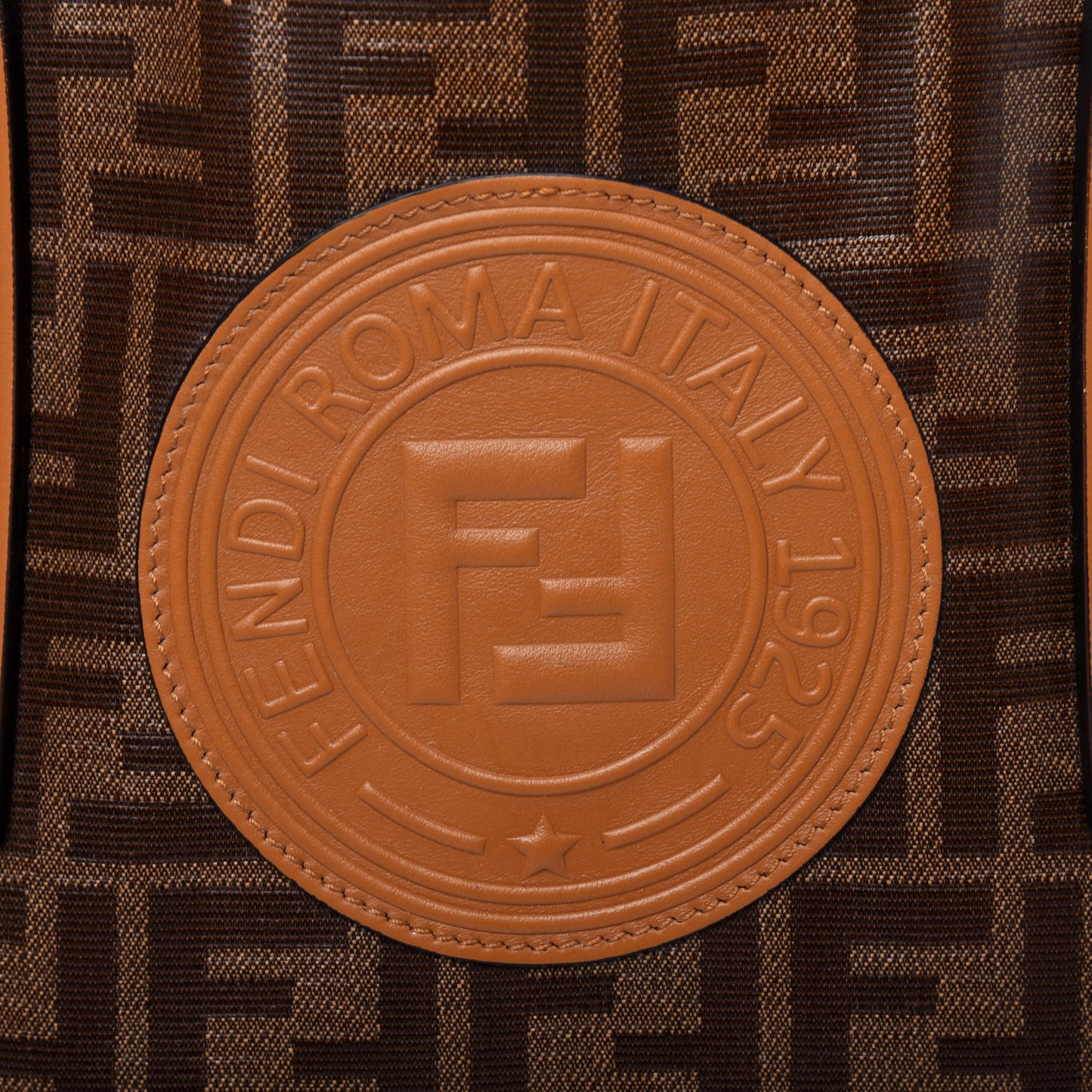 Glazed Fabric Vitello Century FF 1974 Stamp Patch Shopping Tote Mogano Panna Caramello