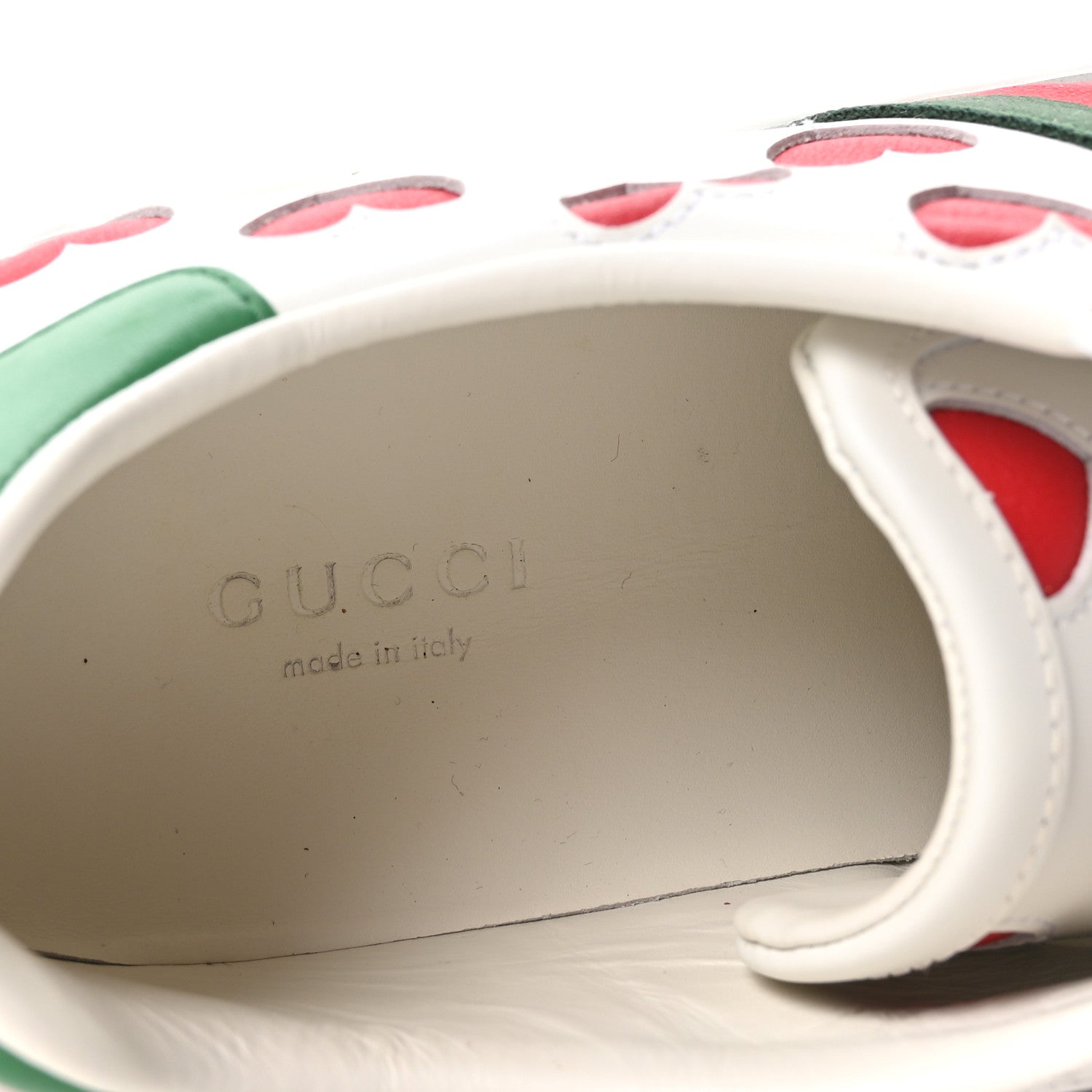 Gucci Calfskin Miro Soft Web Heart Cut Out Womens Ace Sneakers 36.5 White Light Hibiscus Red New Shamarock 8 of 10